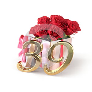 Birthday concept with red roses in gift isolated on white background. thirty-nineth. 39th. 3D render