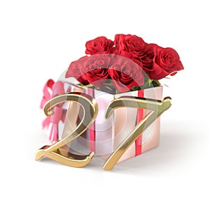 Birthday concept with red roses in gift isolated on white background. twenty-seventh. 27th. 3D render