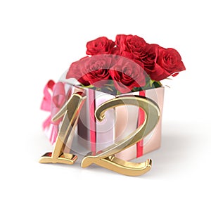 Birthday concept with red roses in gift on white background. twelfth. 12th. 3D render