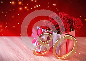 Birthday concept with red roses in gift on wooden desk. eightieth. 80th. 3D render photo