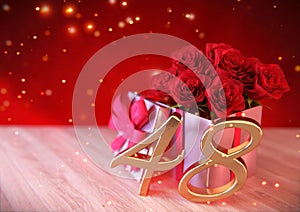 Birthday concept with red roses in the gift on wooden desk. forty-eighth. 48th. 3D render