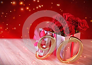 Birthday concept with red roses in gift on wooden desk. ninetieth. 90th. 3D render