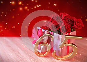 Birthday concept with red roses in gift on wooden desk. sixtyfifth. 65th. 3D render