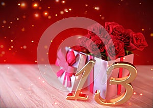 Birthday concept with red roses in gift on wooden desk. thirteenth. 13th. 3D render