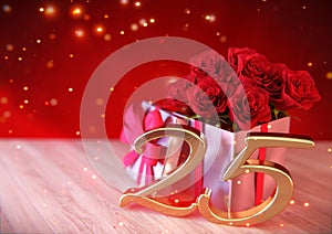 Birthday concept with red roses in the gift on wooden desk. twentyfifth. 25th. 3D render