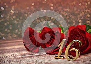 Birthday concept with red roses on wooden desk. sixteenth. 16th. 3D render photo