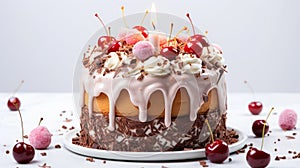 A birthday confection with candle and berries on a white background