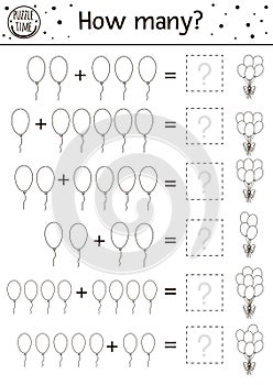 Birthday counting game with colorful balloons. Holiday activity for preschool children. Educational celebration printable math