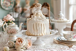 A birthday crafted cake, topped with a porcelain figurine set against a backdrop of vintage teaware and pastel roses. Generative