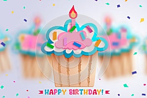 Birthday cup cake vector design. Happy birthday greeting text with paper cut cupcake elements