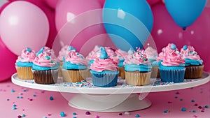 birthday cupcake Birthday cupcakes with pink and blue frosting and sprinkles on a white cake stand.