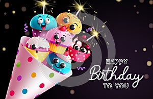 Birthday cupcake bouquet vector design. Happy birthday greeting text with cupcake characters