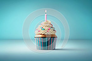 Birthday cupcake with candle birthday background. Generative ai