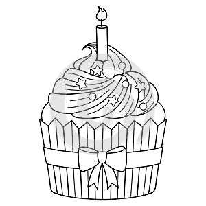 Birthday Cupcake with Candle Isolated Coloring