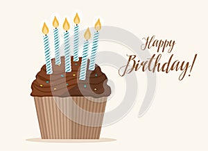Birthday cupcake with candle on light background