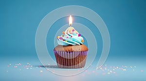 Birthday cupcake with a candle  on light blue background with balloons. Generative Ai