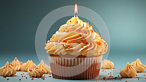 Birthday cupcake with a candle on a light yellow background. Generative AI.