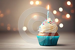 Birthday cupcake with candle on wooden table and blurred festive background. Generative ai