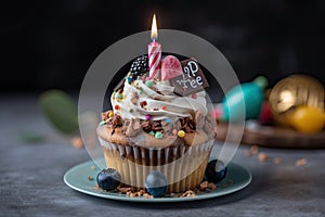 Birthday cupcake with chocolate frosting and candles, selective focus, A Happy birthday cupcake with so many sweet toppings and