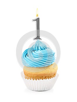 Birthday cupcake with number one candle on white