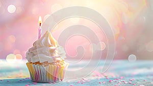 Birthday cupcake with one candle and copy space, lit by sunny day. Pastel-colored background.