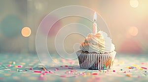Birthday cupcake with one candle and copy space. Sunny daylight. Pastel-colored background.