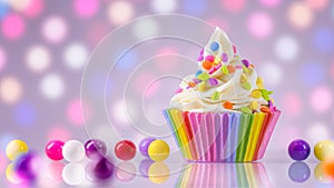 Birthday cupcake. Rainbow Cup Liners. Happy Birthday Gay, lesbian. LGBT pride. Tasty baking cupcakes, cake or muffin with white cr