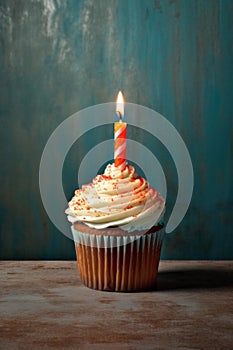 birthday cupcake with a single lit candle