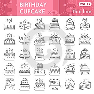 Birthday cupcake thin line icon set, Sweets symbols collection or sketches. Sweet pastry linear style signs for web and