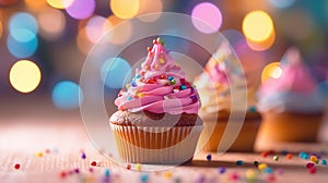 birthday cupcakes with blur background colorful balloons. Generative Ai