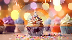 birthday cupcakes with blur background colorful balloons. Generative Ai