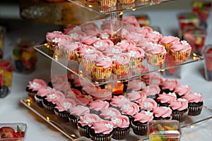 Birthday cupcakes on three tiered glass display stand festive pink