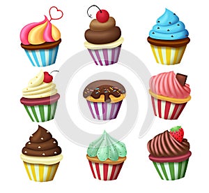Birthday cupcakes vector set design. Cup cakes and muffins birth day dessert with sprinkles and toppings decoration elements.