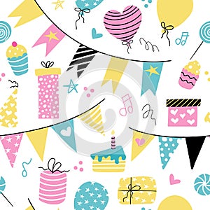 Birthday decor, balloons, cakes, gifts, holiday flags. Vector seamless pattern on a white background. Wallpaper