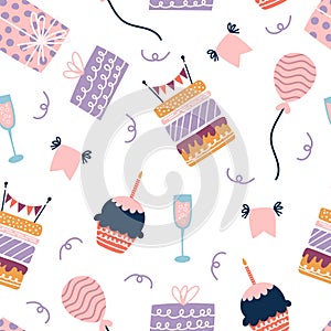 Birthday Decor and Cakes Seamless Pattern. Celebratory Decorated Bakery, Cupcakes or Muffins With Burning Candles