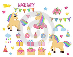 Birthday decor set with unicorn, cupcakes, flowers, stars, hearts and rainbows.