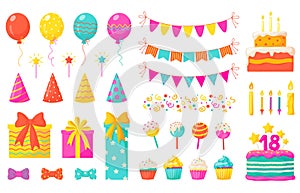 Birthday decoration. Kids party design elements, confetti balloons cakes colorful paper ribbons candles. Vector birthday