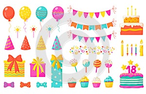Birthday decoration. Kids party design elements, confetti balloons cakes colorful paper ribbons candles. Vector birthday photo