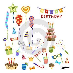 Birthday design elements set. Party clipart collection. Flat, cartoon, vector