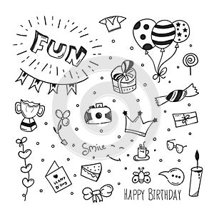 Birthday doodle background. happy birthday element design with doodle style. happy birthday concept. use for element design