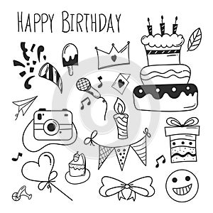 Birthday doodle background. happy birthday element design with doodle style. happy birthday concept. use for element design