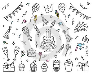 birthday doodle vector. Set of birthday party elements with cute black line design. Vector illustration Doodle birthday