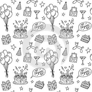 Birthday doodles pattern. Seamless vector black and white background with bday funny doodle elements. Hand drawn repeat