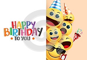 Birthday emoji smiley vector background template. Happy birthday to you greeting text in white empty space for messages.