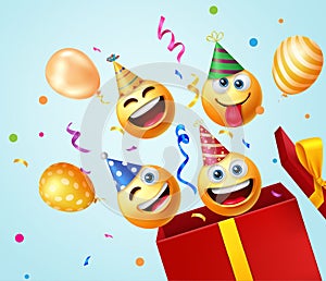 Birthday emojis gift vector design. Emoji happy and funny faces in surprise explosion box with hats, balloons and confetti element