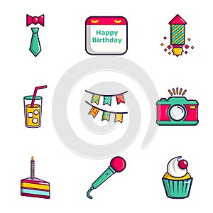 Birthday entertainment icons set, flat style