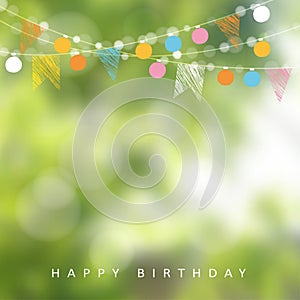 Birthday garden party or Brazilian june party, illustration with garland of lights, party flags, blurred background photo
