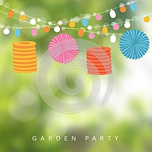 Birthday garden party or Brazilian june party, illustration with string of lights, paper lanterns, blurred background photo