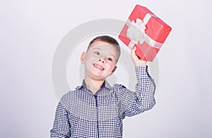 Birthday gift. Birthday boy. Buy gifts. Child little boy hold gift box. Christmas or birthday gift. Holiday shopping