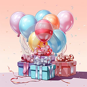 Birthday gift boxes with balloons and ribbons. Vector illustration. Generative AI